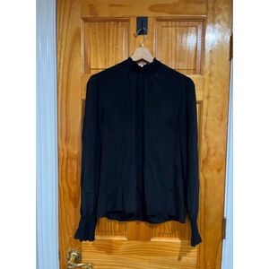 Sézane Black Silk Blouse Smocked Neck Long Sleeve Paris French Chic Top 40